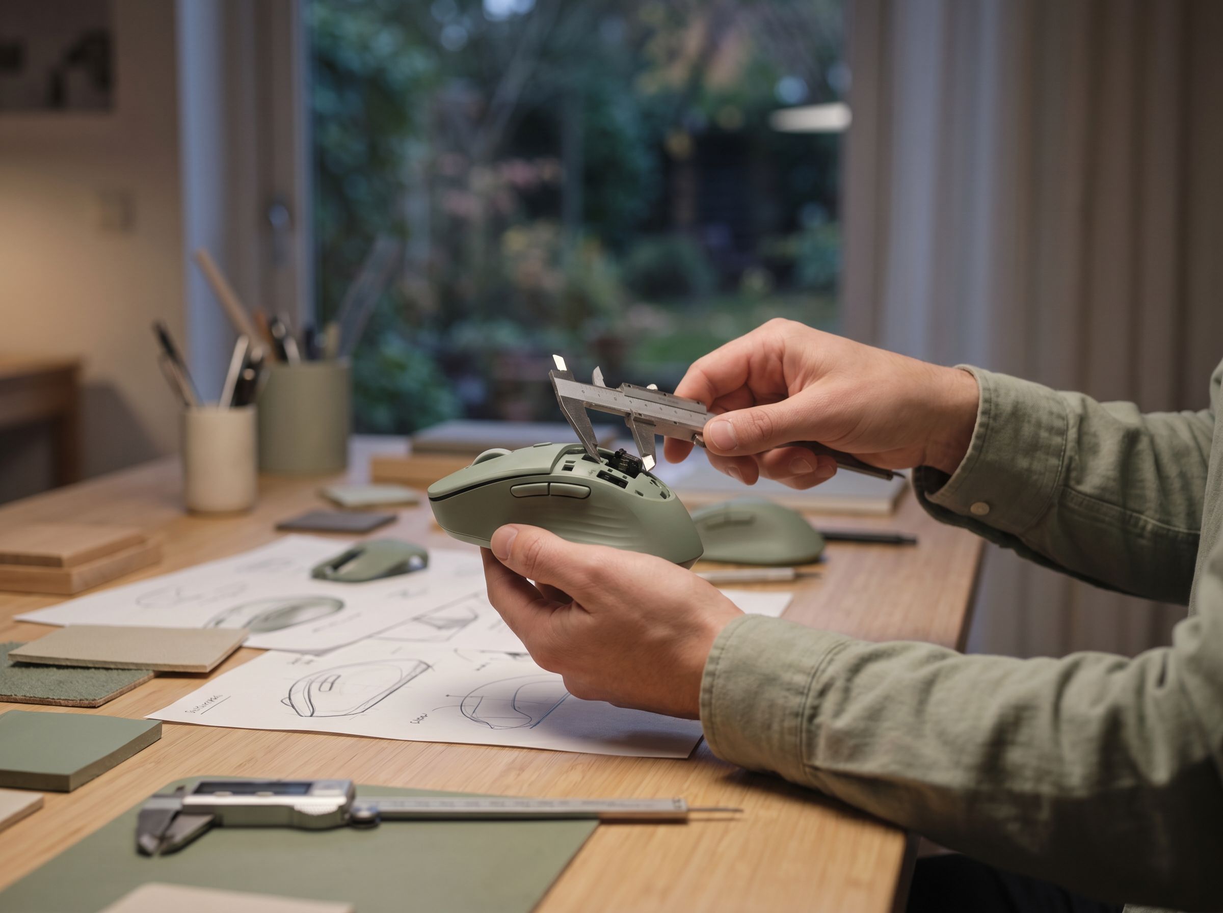 Atelier d'ergonomie contemporain — souris sur bureau de bois clair, lumière diffuse
